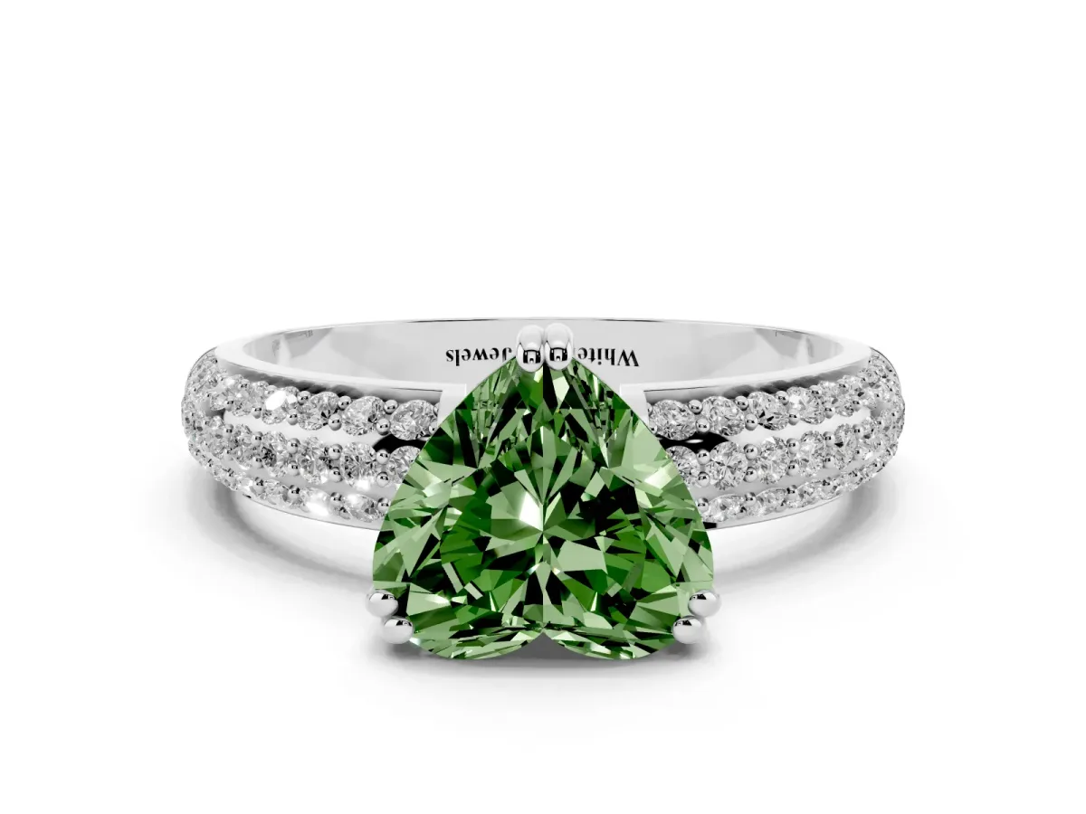 Fancy Green Heart Cut Diamond Solitaire Ring with Multi-Row Round Pavé Band and Prong Setting White gold