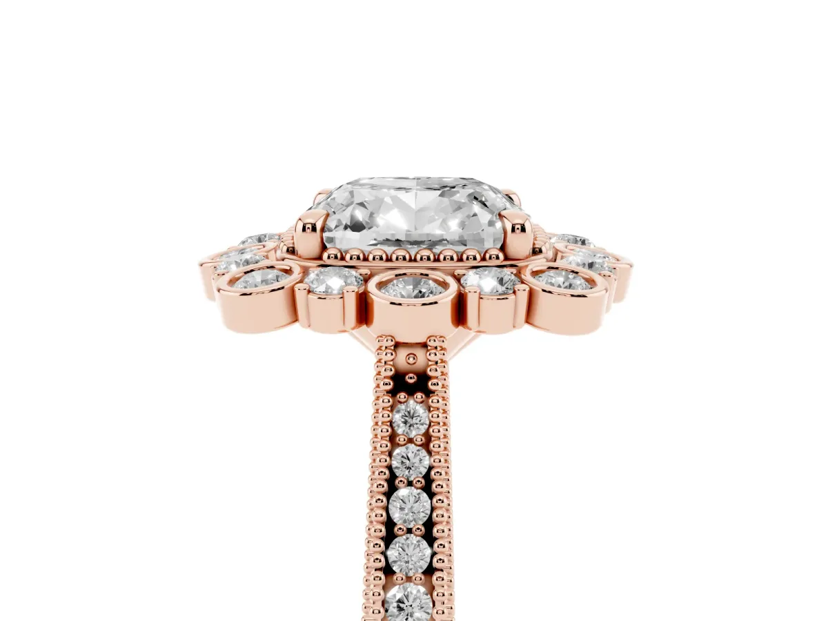 Cushion Cut Halo Milgrain Pave Diamond Ring with Four-Prong Setting Rose gold