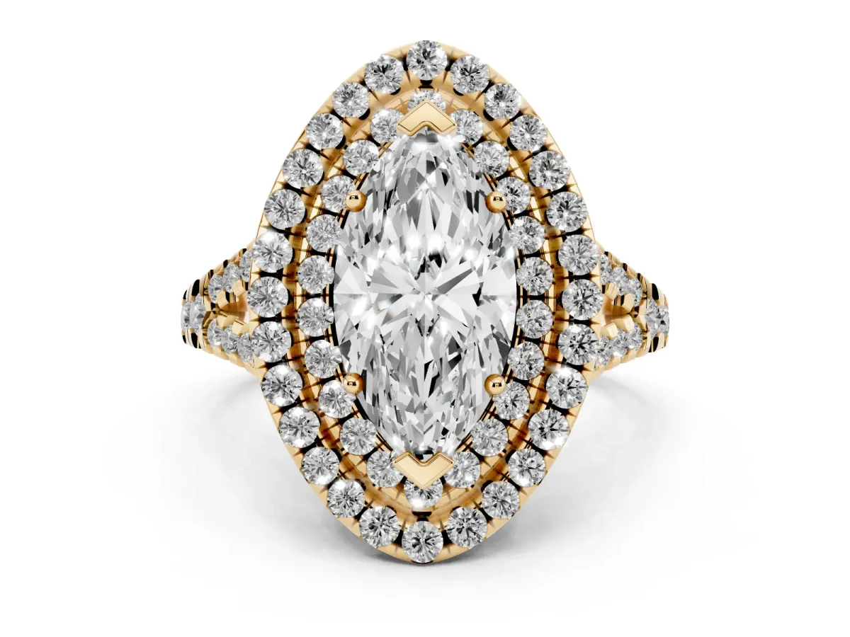 Double Halo Marquise Cut Diamond Pavé Split Shank Ring with Prong Setting Yellow gold