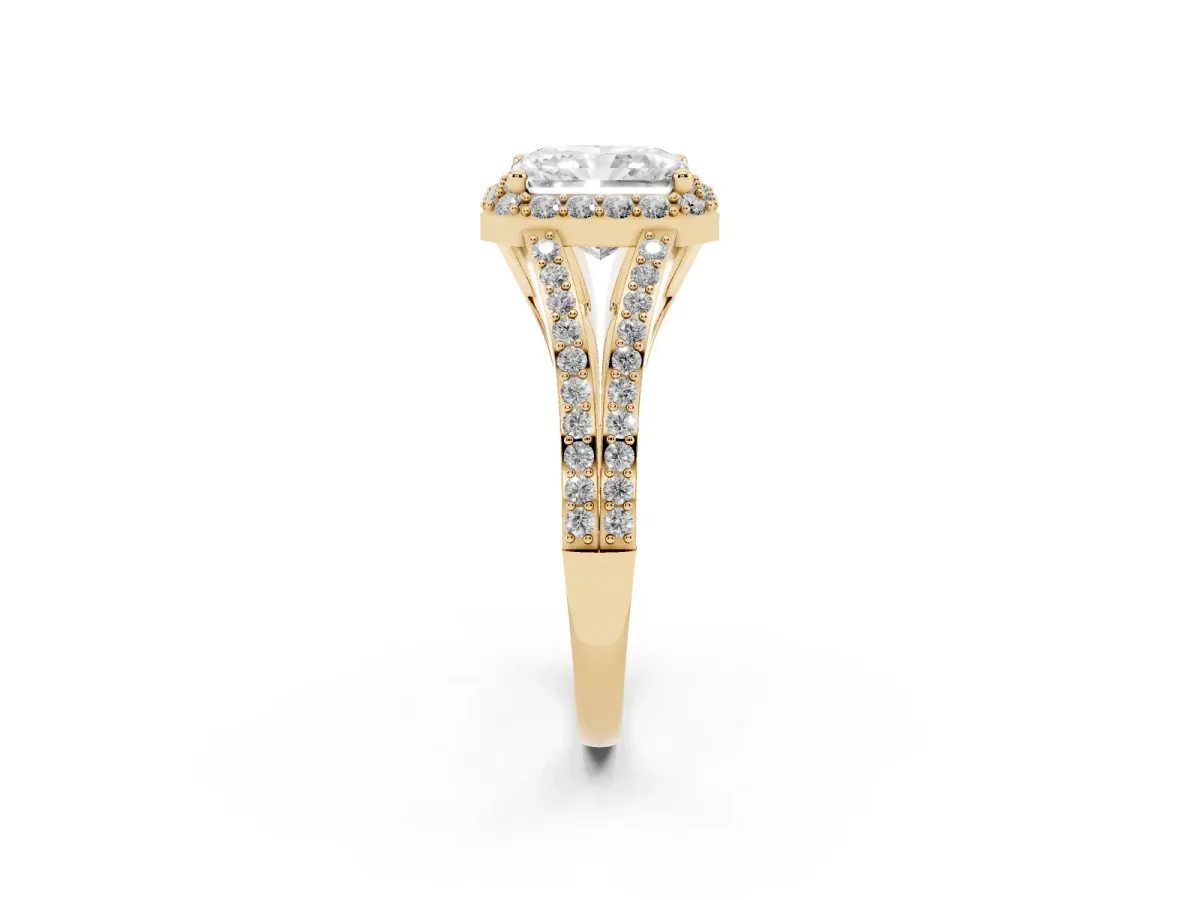Radiant Cut Halo Split Shank Pave Diamond Ring with Four-Prong Setting Yellow gold