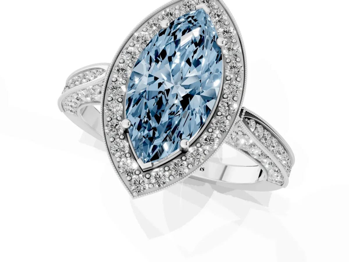 Fancy Blue Marquise Cut Halo Diamond Engagement Ring with Split Shank Band and Four-Prong Setting Silver
