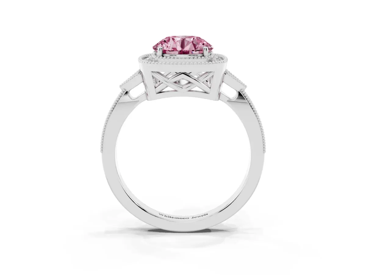Fancy Pink Round Cut Halo Round Diamond Milgrain Pave Engagement Ring White gold