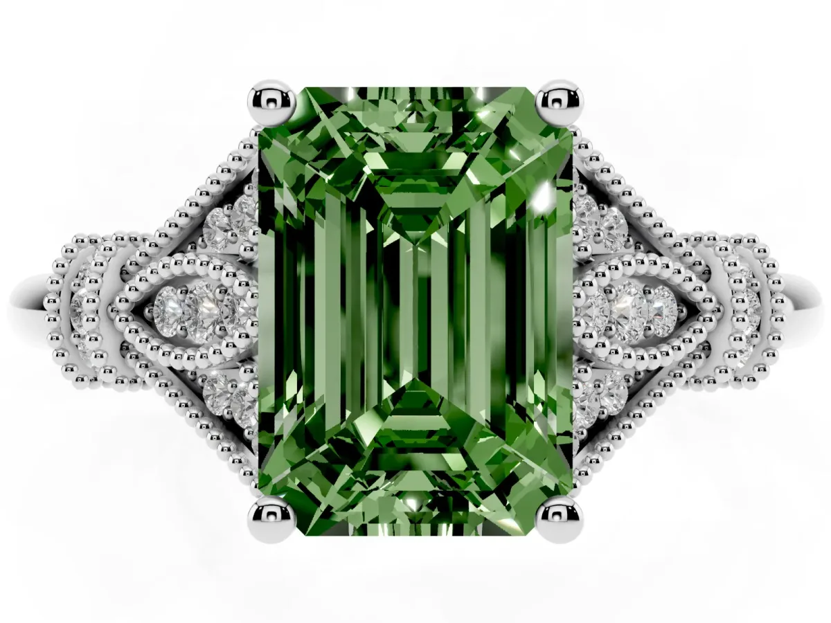Fancy Green Emerald Cut Diamond Solitaire Ring with Floral Filigree and Pave Accents Silver