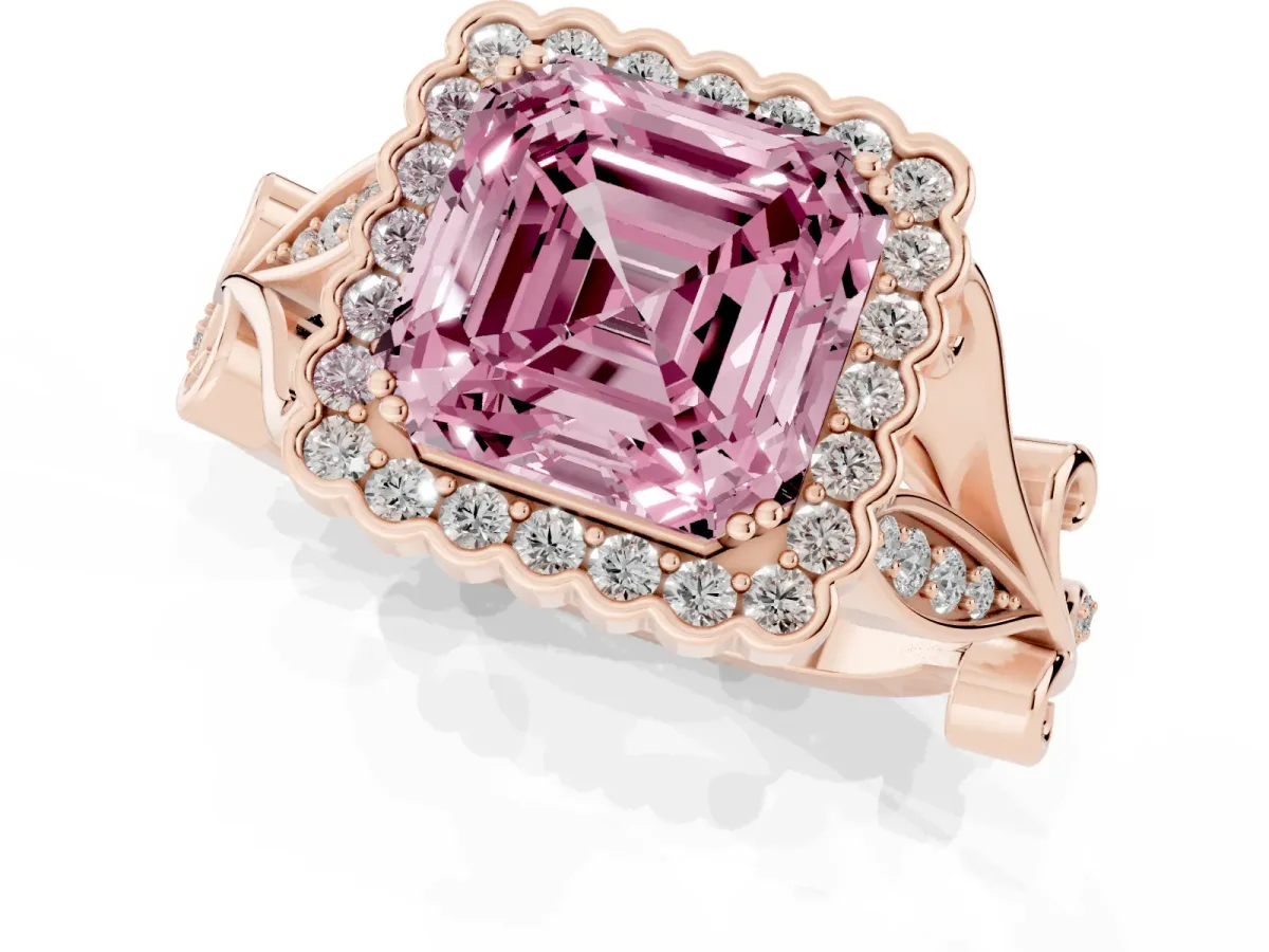 Fancy Pink Asscher Cut Diamond Halo Ring with Vintage Split Shank and Four-Prong Setting Rose gold