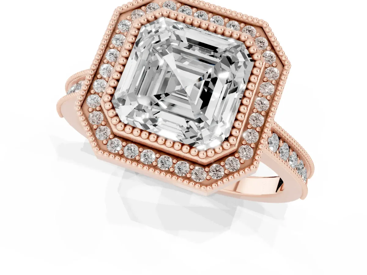 Halo Asscher Cut-Cut Diamond Pave Band Milgrain Prong Setting Ring Rose gold