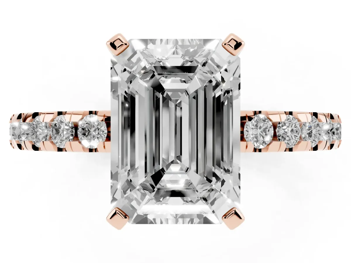 Emerald Cut Diamond Solitaire Ring with Round Pavé Band and Four-Prong Setting Rose gold