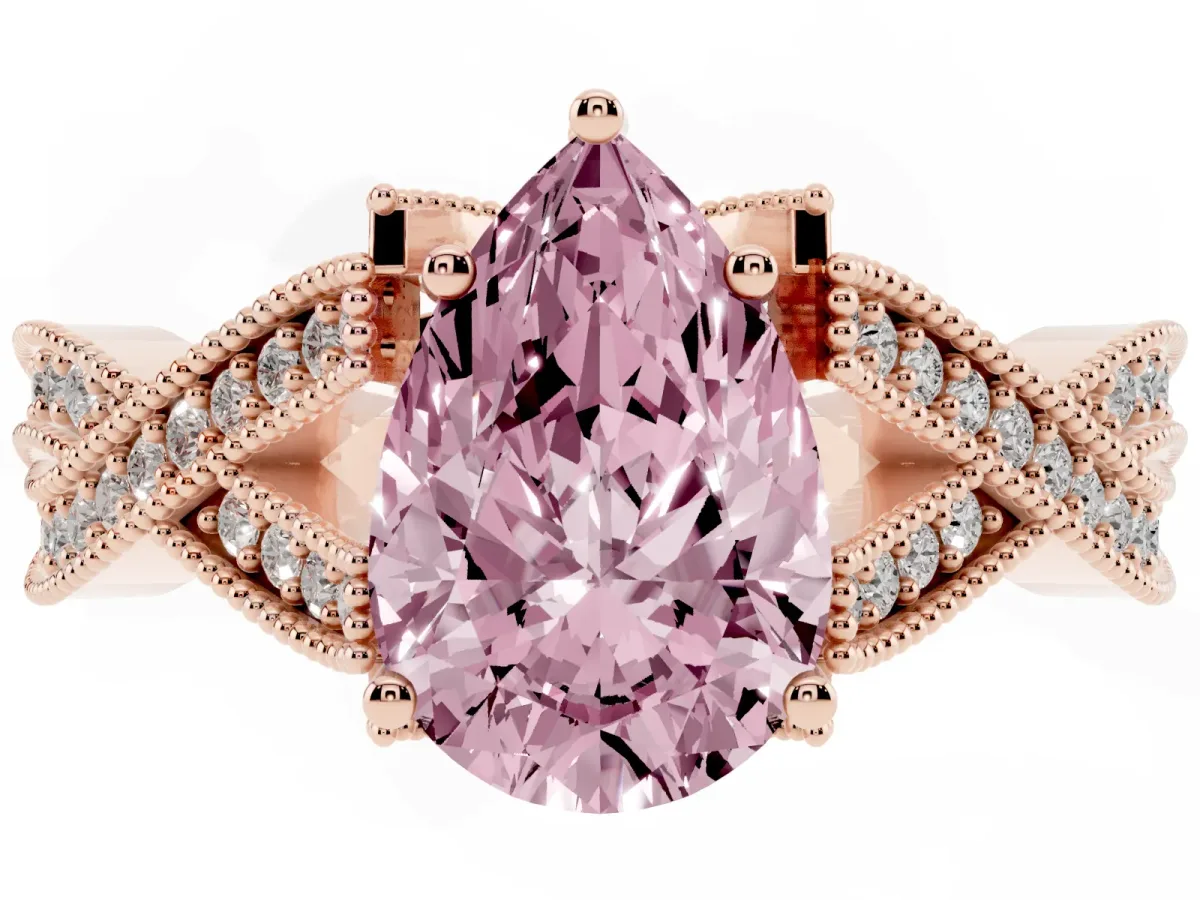 Fancy Pink Pear Cut Cut Diamond Twisted Band with Milgrain Pave Setting and Four-Prong Setting Rose gold