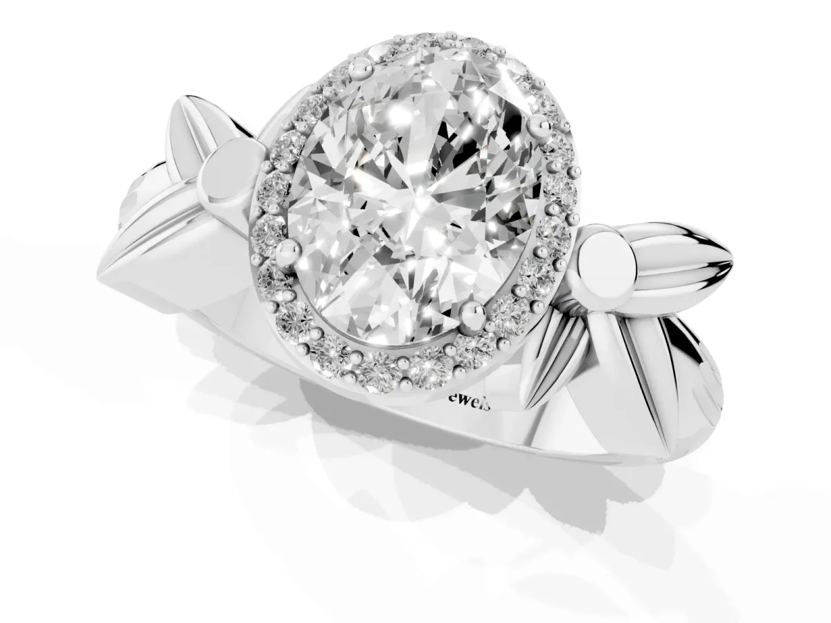Oval Cut Halo Diamond Floral Band with Four-Prong Setting Silver