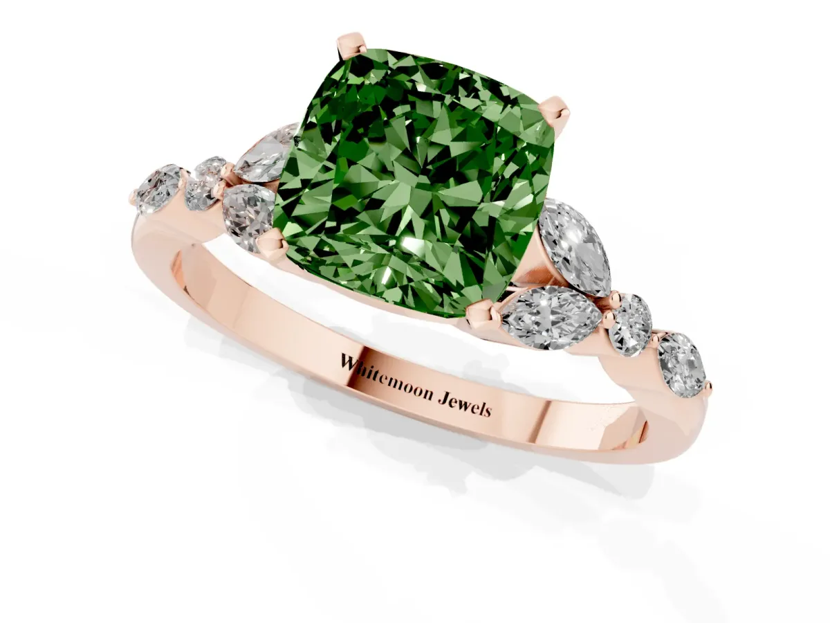 Fancy Green Cushion Cut Diamond Solitaire Ring with Side Stones and Four-Prong Setting Rose gold
