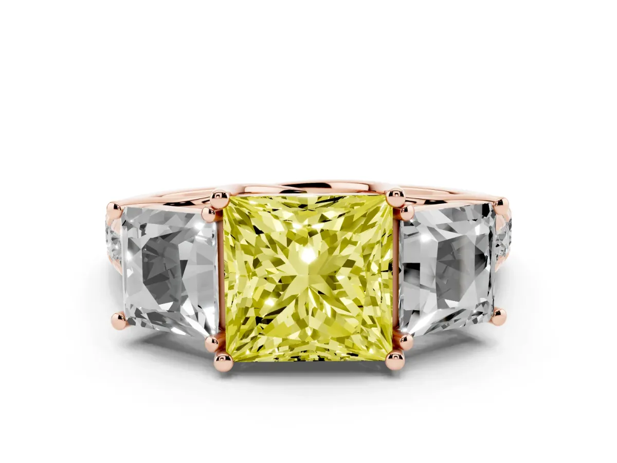 Fancy Yellow Three-Stone Princess Cut Diamond Pavé Band with Prong Setting Rose gold