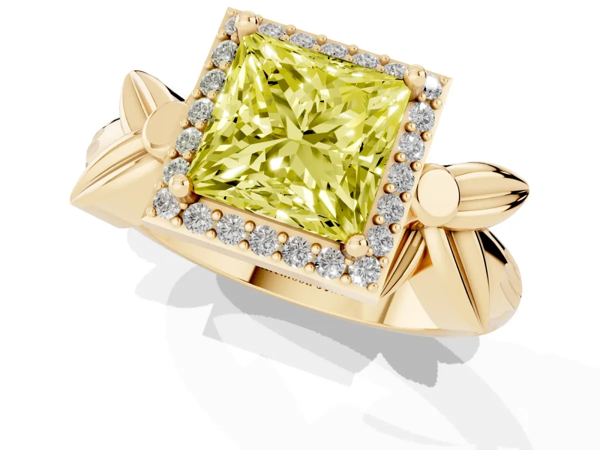 Fancy Yellow Princess Cut Halo Diamond Floral Band with Four-Prong Setting Yellow gold