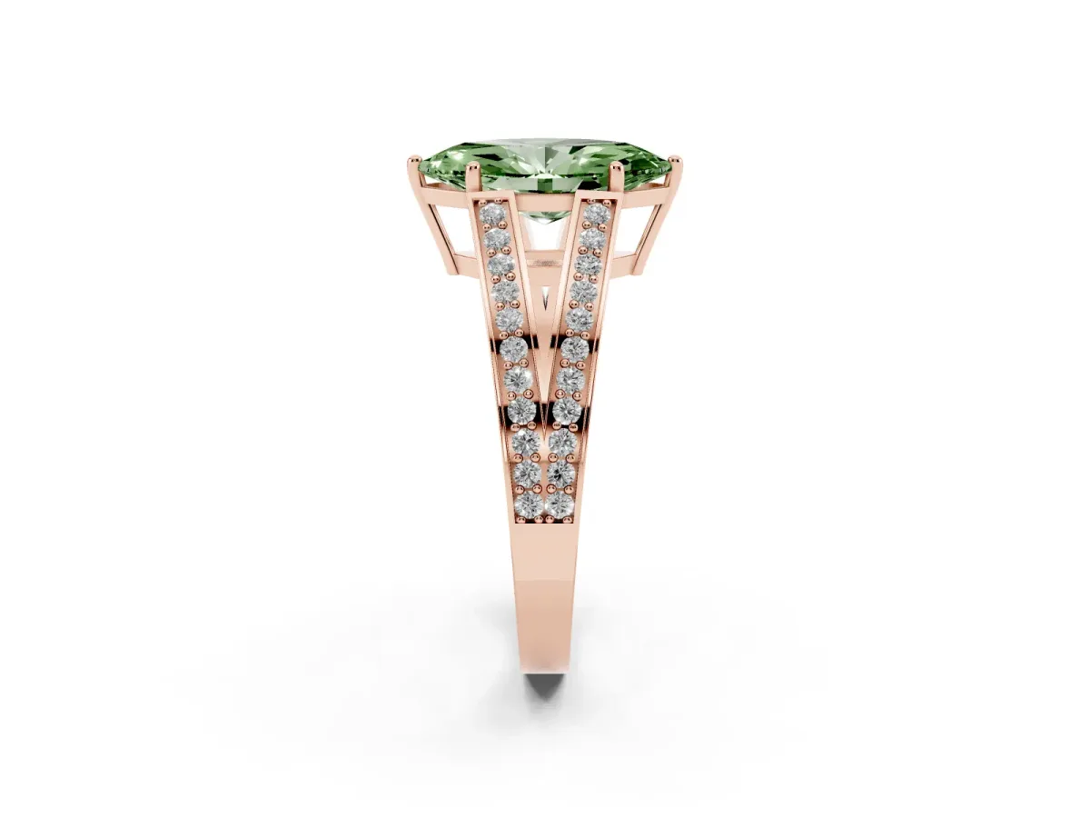 Fancy Green Marquise Cut Diamond Split Shank Ring with Pavé Band and Four-Prong Setting Rose gold