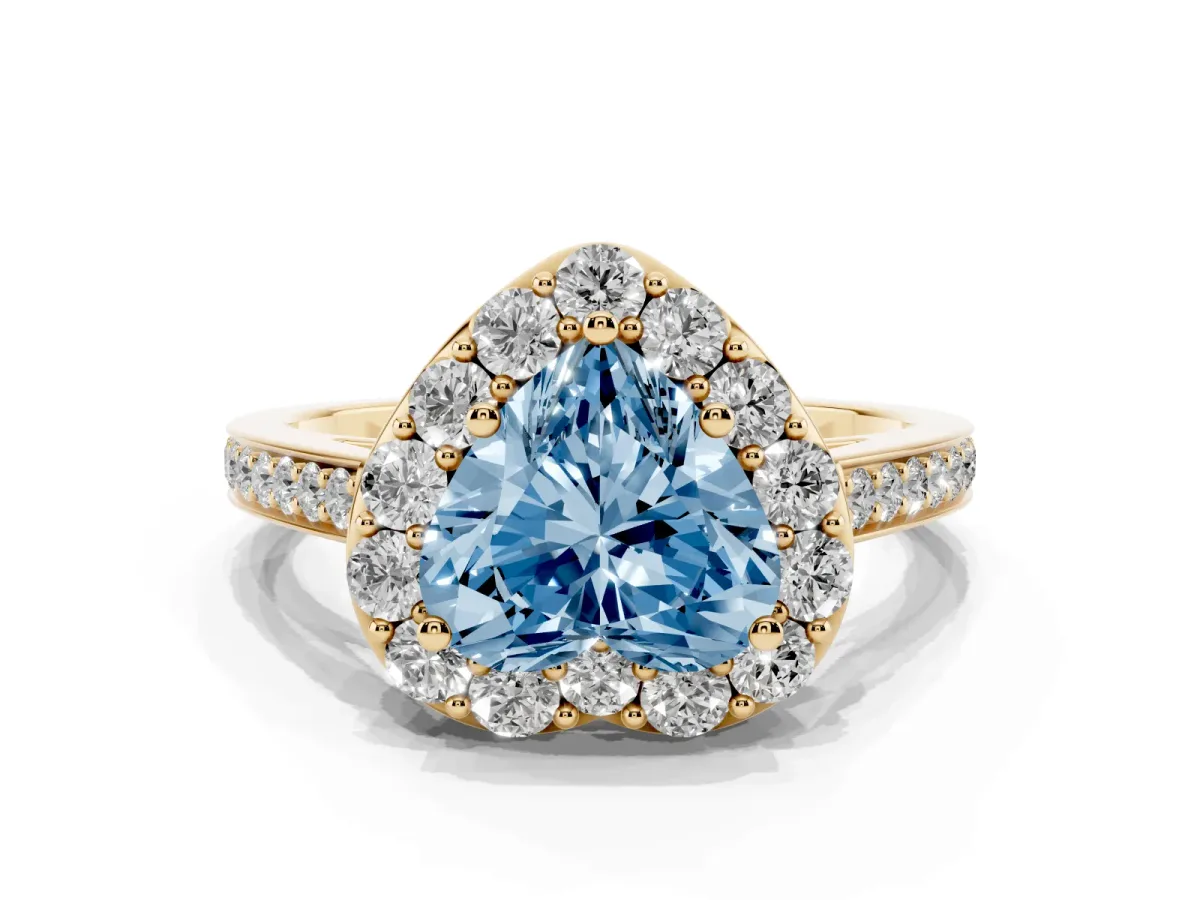 Fancy Blue Heart Cut Diamond Floral Halo Ring with Pavé Band and Prong Setting Yellow gold