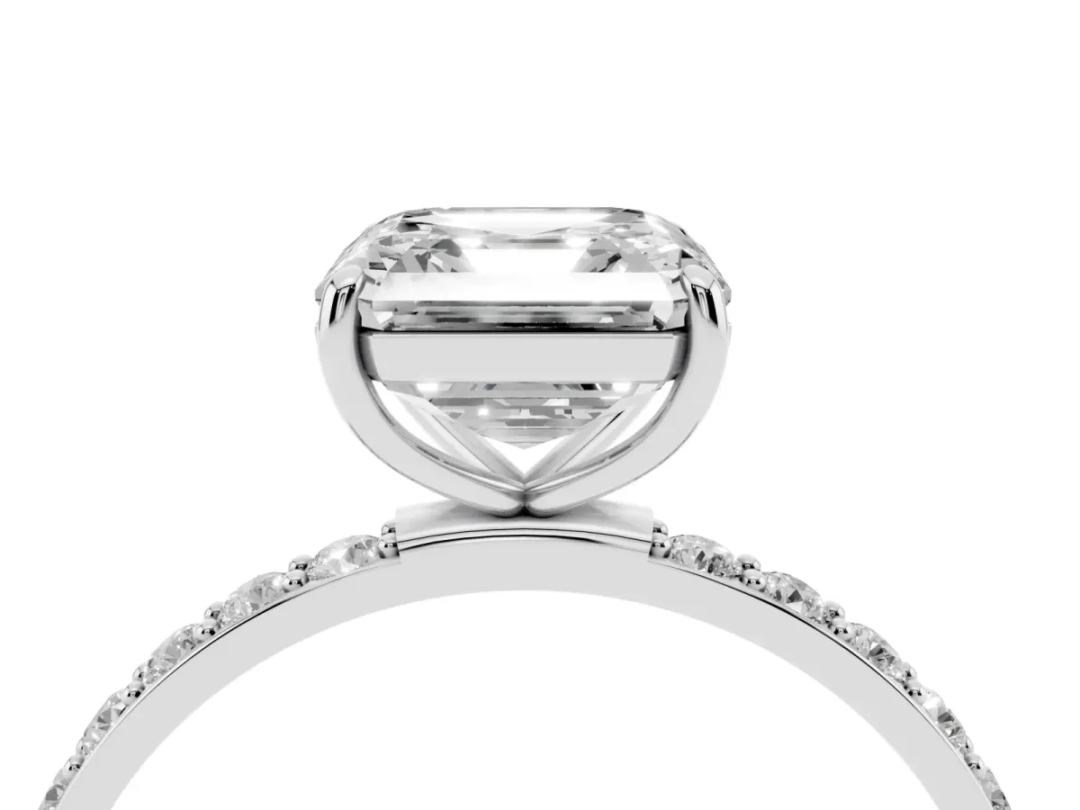 Asscher Cut Diamond Solitaire Ring with Round Pavé Shoulders and Prong Setting Platinum