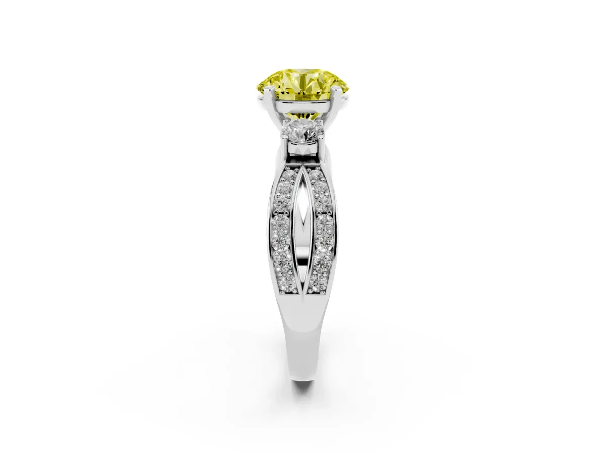 Fancy Yellow Three-Stone Round Cut Cut Diamond Twist Band with Prong Setting Platinum
