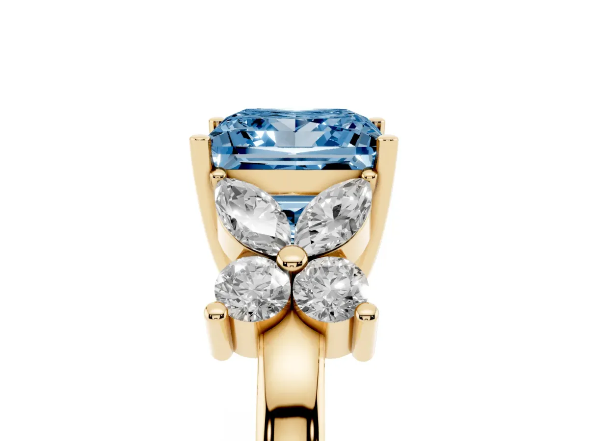 Fancy Blue Princess Cut Diamond Floral Cluster Ring with Solitaire Band and Prong Setting Yellow gold