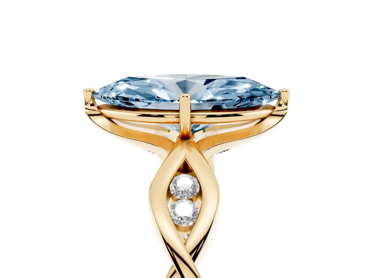 Fancy Blue Marquise Cut Solitaire Twist Band with Leaf Prong Setting Yellow gold