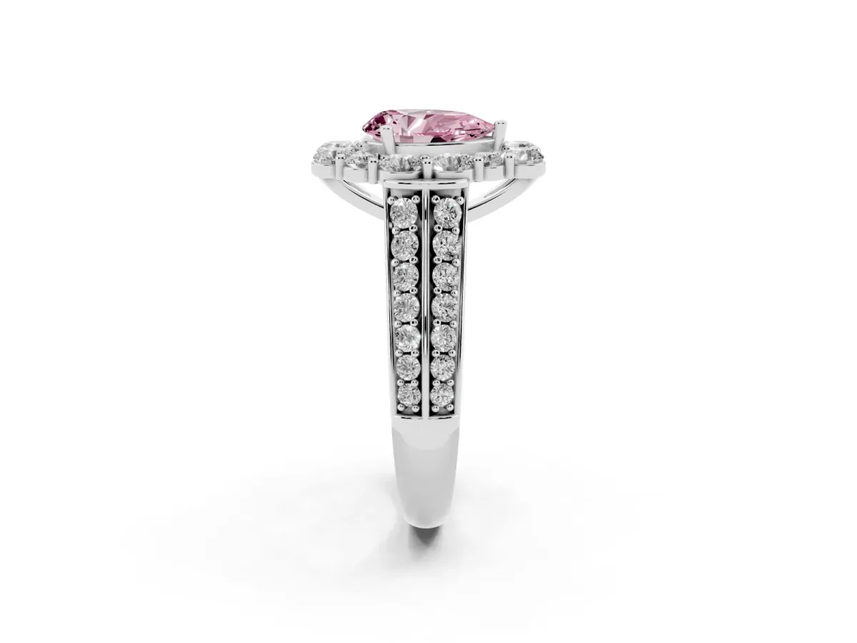 Fancy Pink Pear Cut Halo Diamond Engagement Ring with Split Shank and Prong Setting Platinum