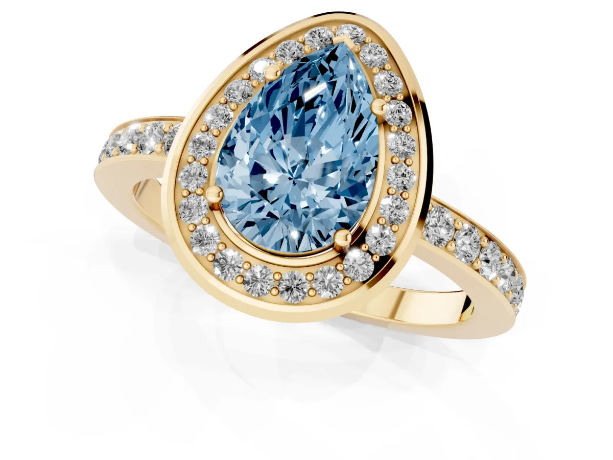 Fancy Blue Pear Cut Diamond Halo Ring with Bezel Frame and Pavé Band Yellow gold