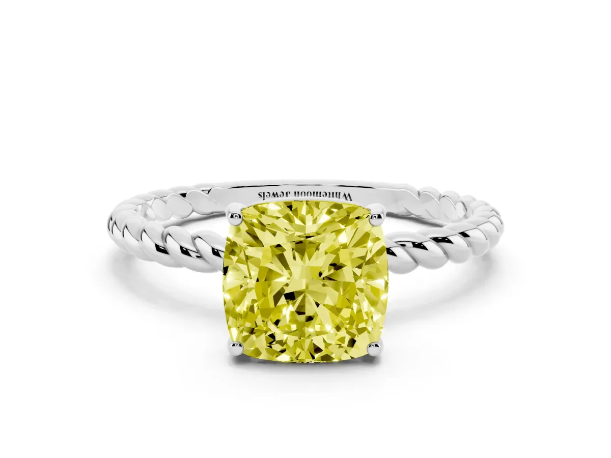 Fancy Yellow Cushion Cut Solitaire Twisted Band 4-Prong Ring Silver