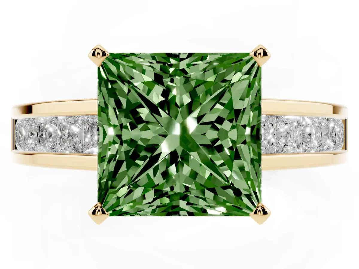 Fancy Green Princess Cut Solitaire Diamond Ring with Channel-Set Band and Four-Prong Setting Yellow gold