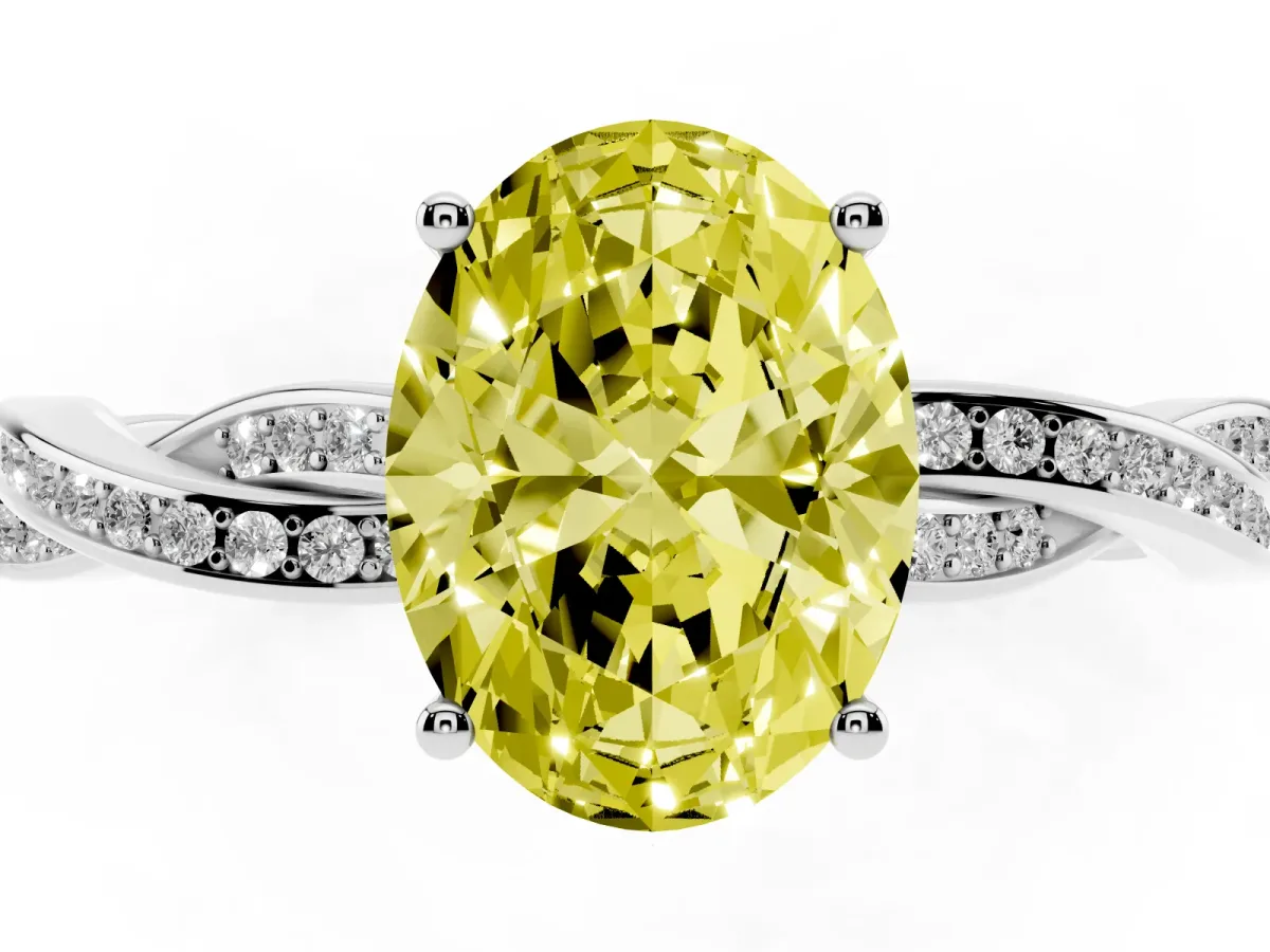 Fancy Yellow Oval Cut Solitaire Twisted Pave Diamond Ring with Four-Prong Setting White gold