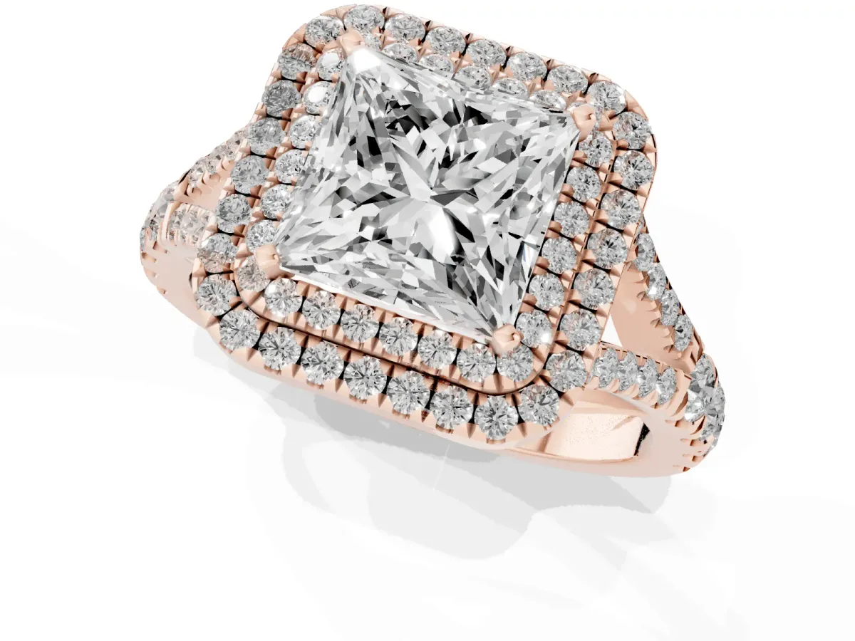 Princess Cut Diamond Pavé Split Shank Double Halo Engagement Ring Rose gold