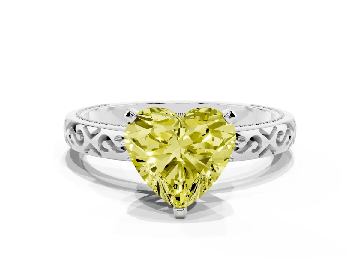 Fancy Yellow Heart Cut Solitaire Engagement Ring with Scrollwork Band and Four-Prong Setting Platinum