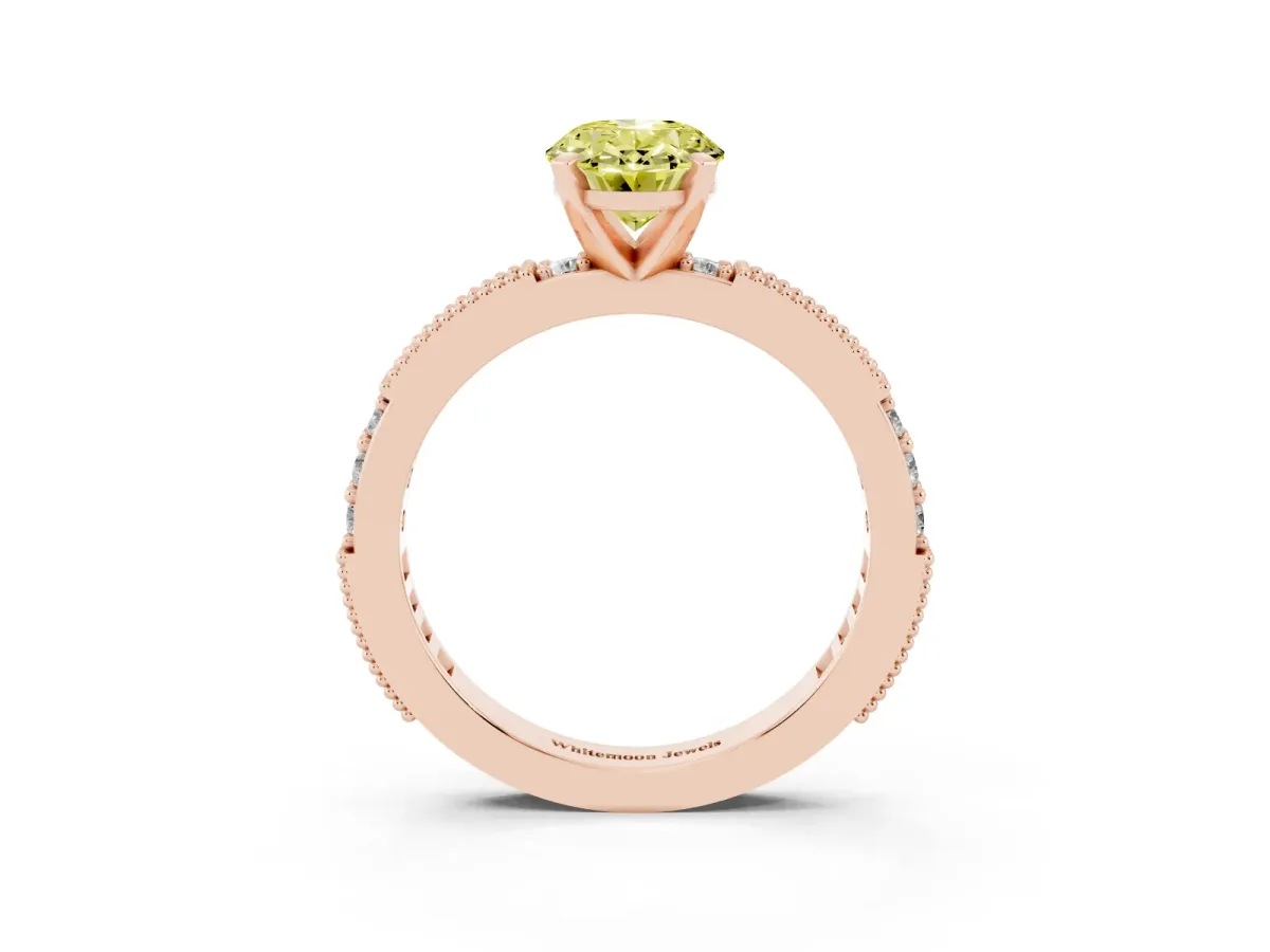 Fancy Yellow Oval Cut Solitaire with Pavé Band and Four-Prong Setting Rose gold