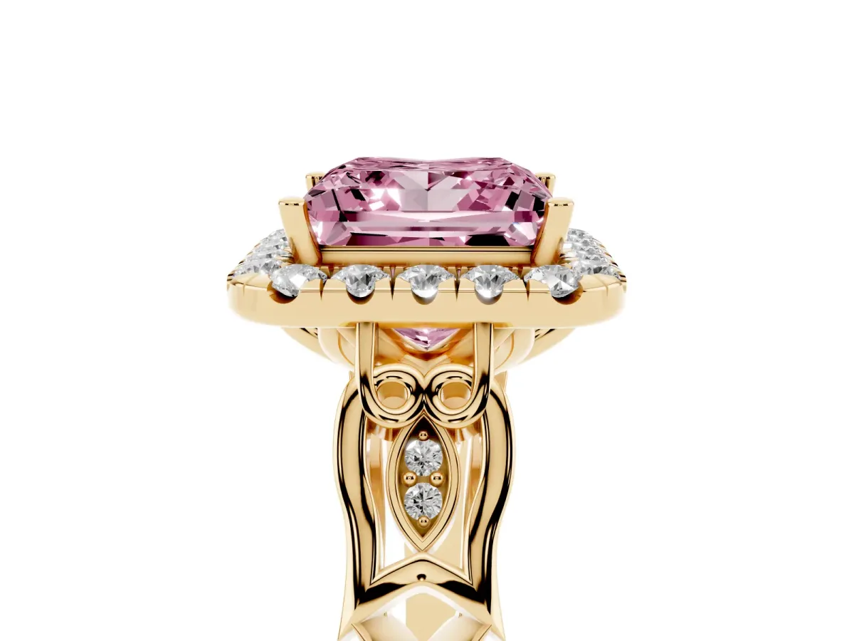 Fancy Pink Princess Cut Halo Diamond Engagement Ring with Filigree Band and Four-Prong Setting Yellow gold