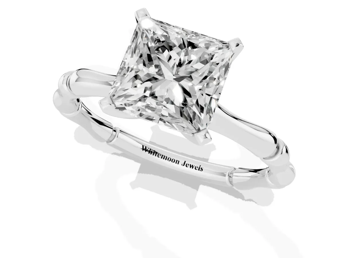 Princess Cut Solitaire Diamond Ring with Bamboo Band and Four-Prong Setting Silver