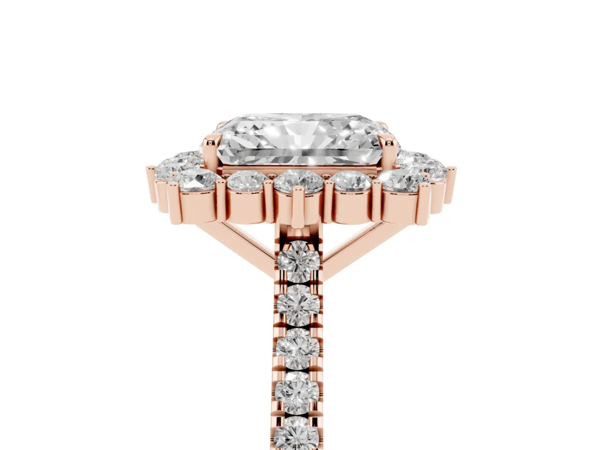 Radiant Cut Halo Diamond Ring with Pavé Band and Prong Setting Rose gold