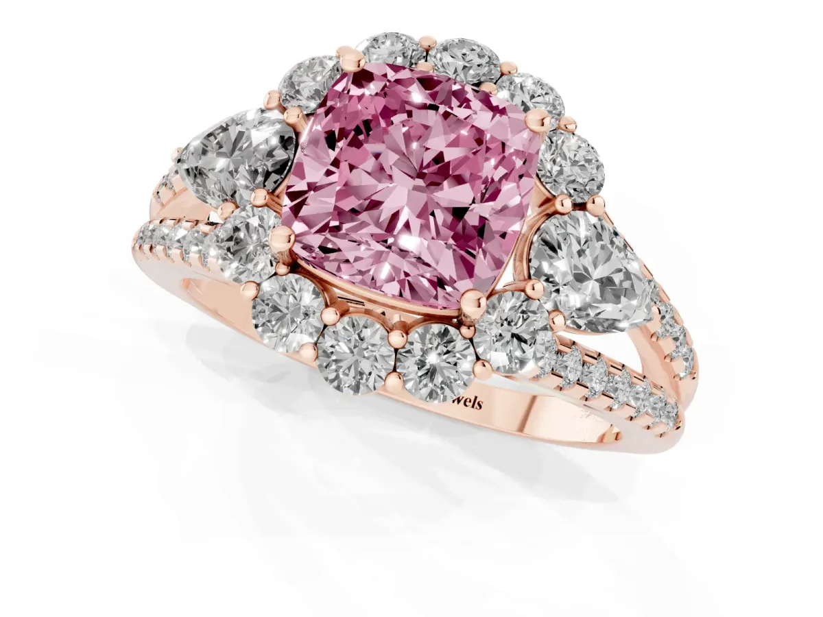 Fancy Pink Cushion Cut Halo Split Shank Diamond Engagement Ring with Prong Setting Rose gold