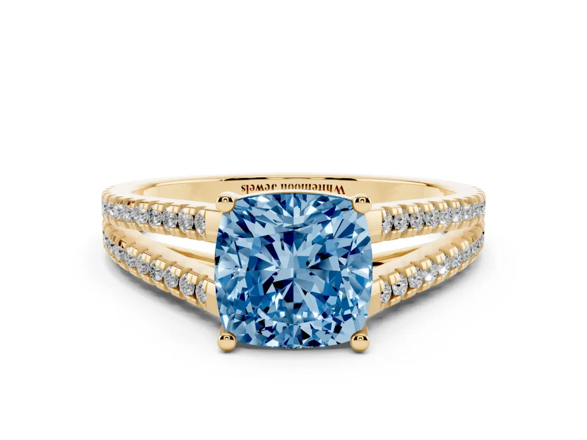 Fancy Blue Cushion Cut Diamond Solitaire Engagement Ring with Split Shank Pavé Band Yellow gold