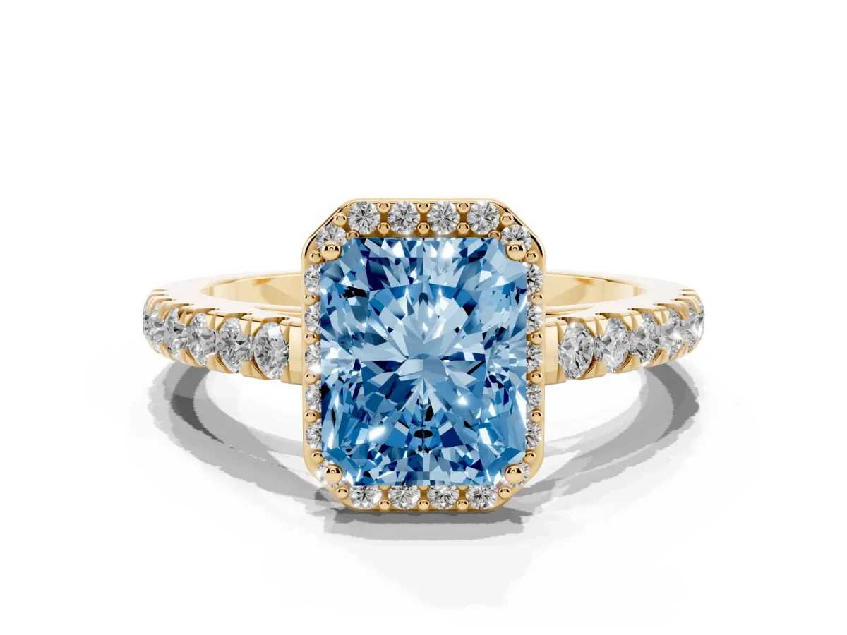 Fancy Blue Radiant Cut Cut Halo Diamond Engagement Ring with Pave Band and Four-Prong Setting Yellow gold