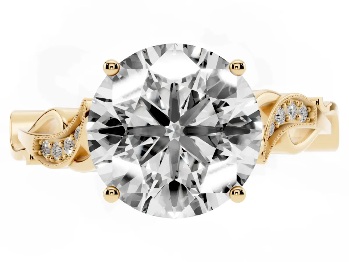 Round Cut Solitaire Vine Band with Milgrain Prong Setting Yellow gold
