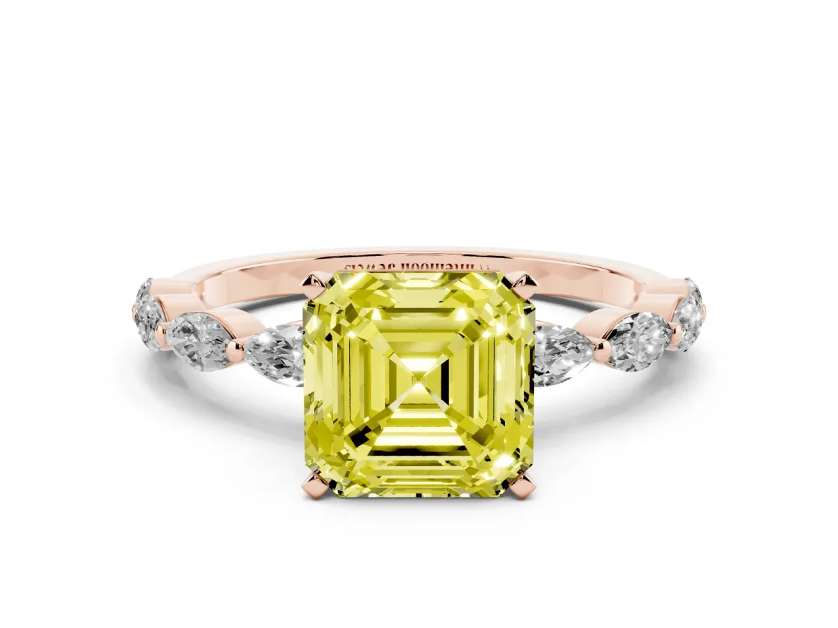 Fancy Yellow Asscher Cut Diamond Ring with Marquise Side Stones and Prong Setting Rose gold
