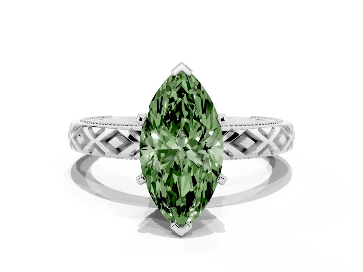 Fancy Green Marquise Cut Solitaire Diamond Ring with Milgrain and Black Enamel X Pattern Band Silver