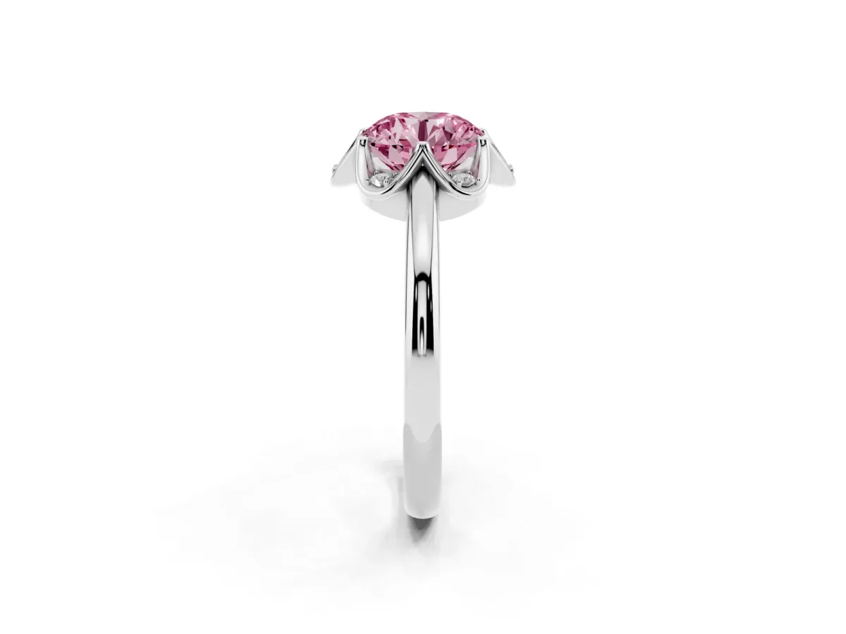 Fancy Pink Round Cut Halo Diamond Ring with Round Cluster Setting, Solitaire Band, and Four-Prong Setting White gold