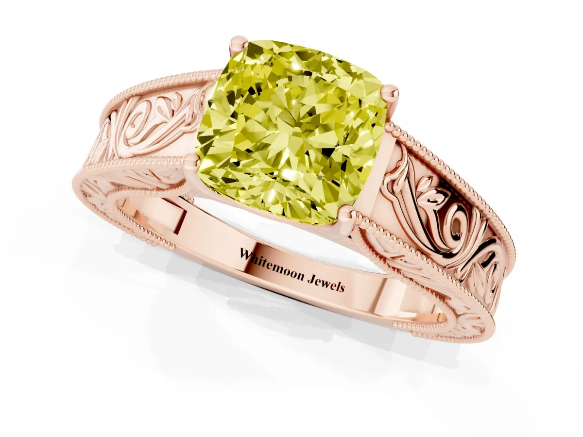 Fancy Yellow Cushion Cut Diamond Solitaire Ring with Engraved Band and Four-Prong Setting Rose gold