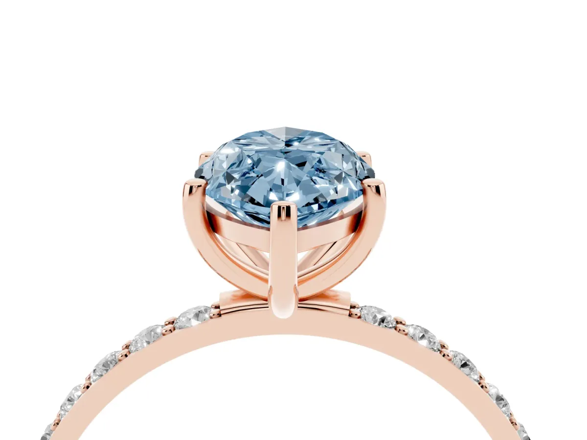 Fancy Blue Marquise Cut Diamond Solitaire Ring with Round Pavé Shoulders and Prong Setting Rose gold