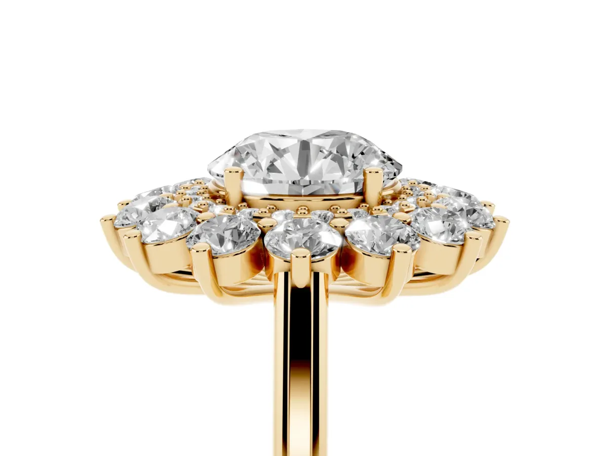 Round Cut Diamond Floral Double Halo Engagement Ring with Prong Setting Yellow gold
