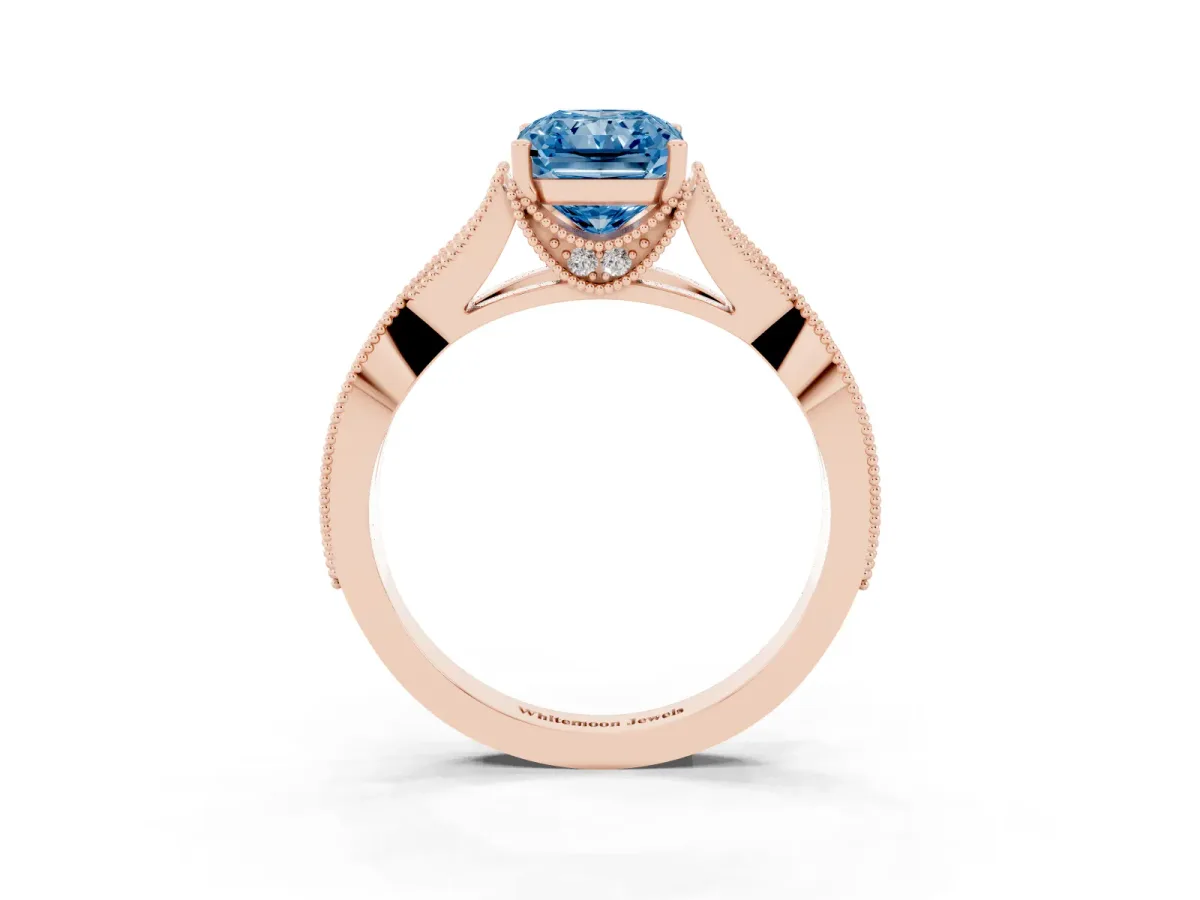 Fancy Blue Radiant Cut Cut Diamond Twisted Band with Milgrain Pave Setting and Four-Prong Setting Rose gold