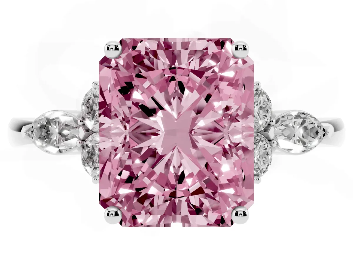 Fancy Pink Radiant Cut Brilliant Diamond Solitaire Ring with Pear Side Stones and Four-Prong Setting Platinum