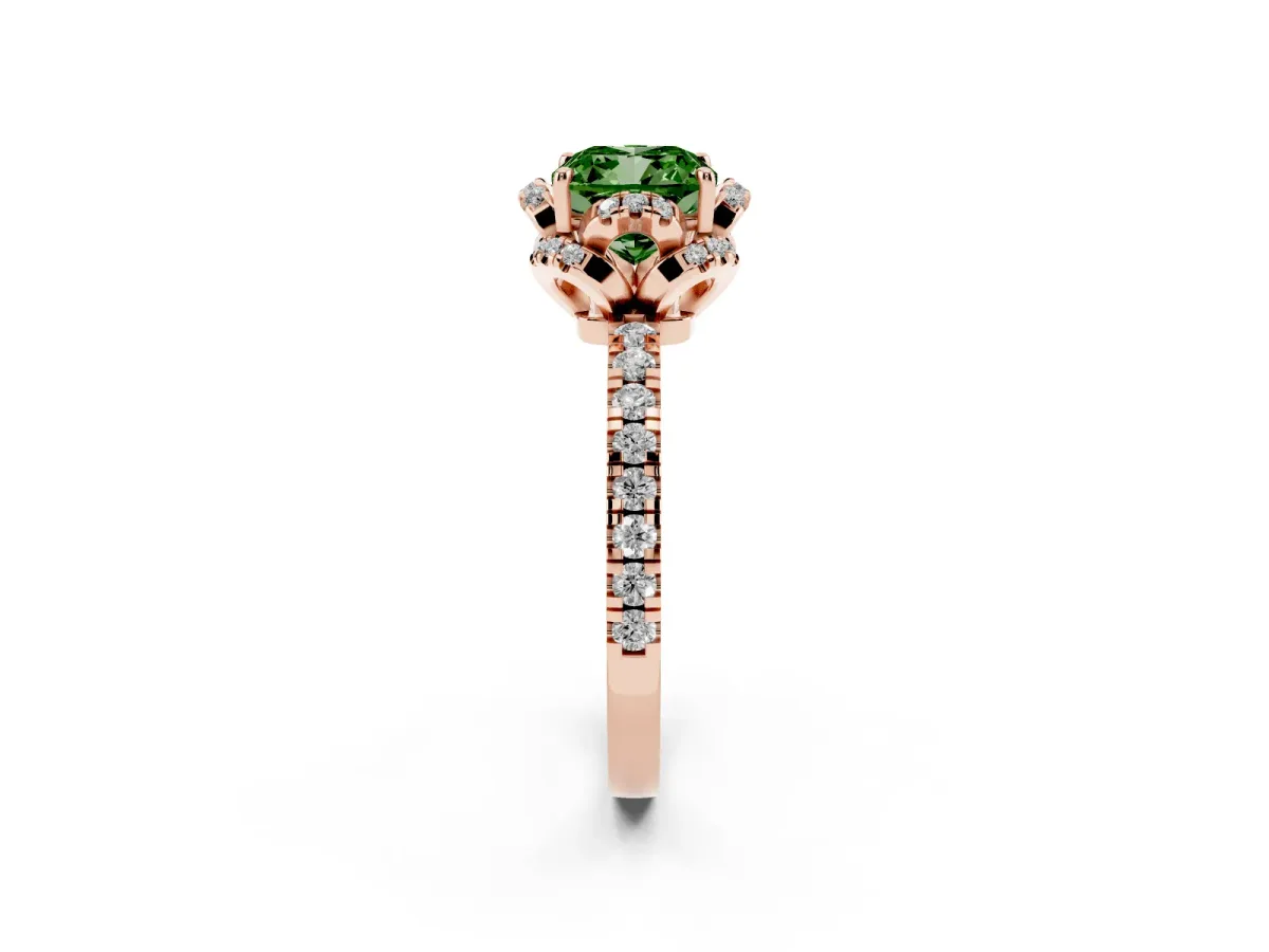 Fancy Green Cushion Cut Diamond Halo Pave Band with Four-Prong Setting Rose gold