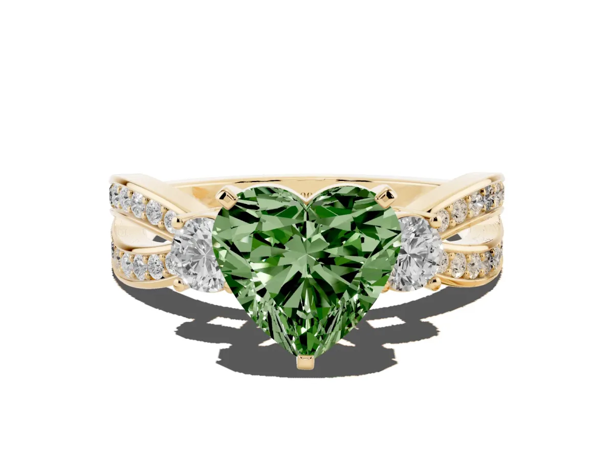 Fancy Green Three-Stone Heart Cut Cut Diamond Twist Band with Prong Setting Yellow gold