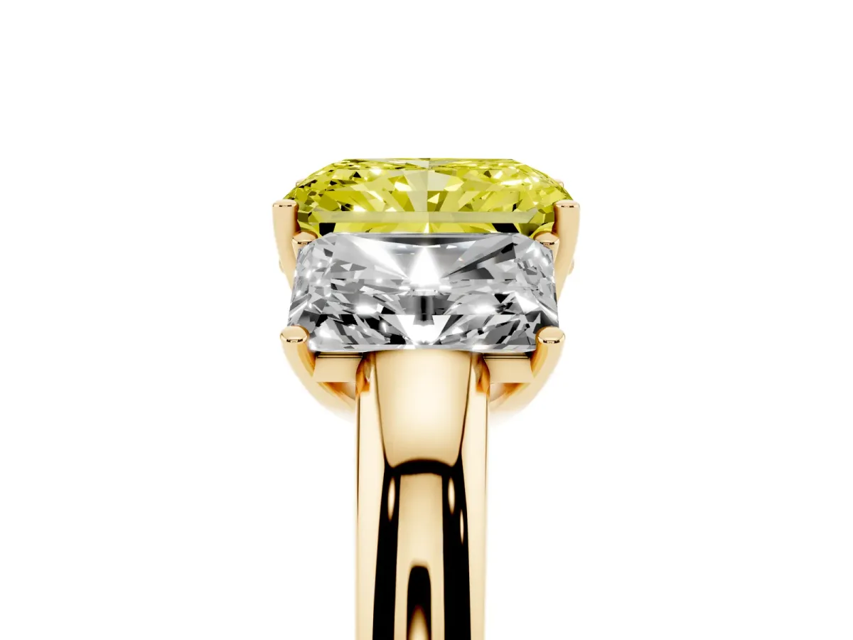 Fancy Yellow Radiant Cut Diamond Three-Stone Ring with Four-Prong Setting and Classic Band Yellow gold