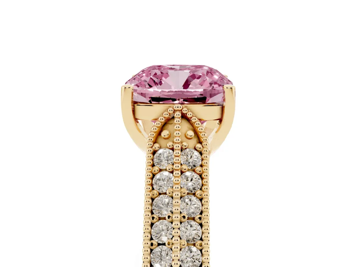 Fancy Pink Cushion Cut Cut Pave Split Shank Engagement Ring with Four-Prong Setting Yellow gold