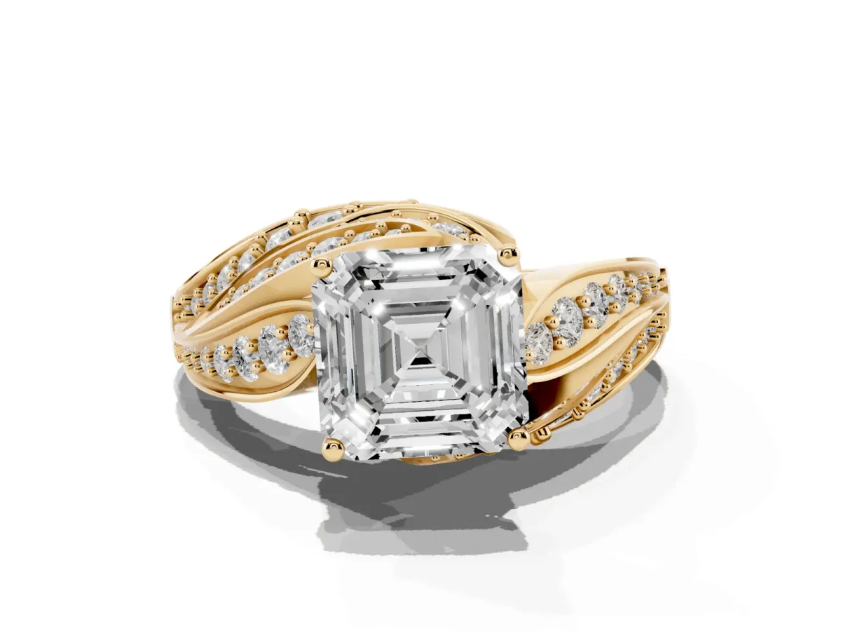 Asscher Cut Diamond Solitaire Ring with Prong Setting and Twisted Pavé Band Yellow gold
