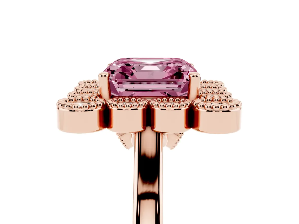 Fancy Pink Asscher Cut Halo Diamond Cluster Engagement Ring with Milgrain Bezel Setting and Solitaire Band Rose gold